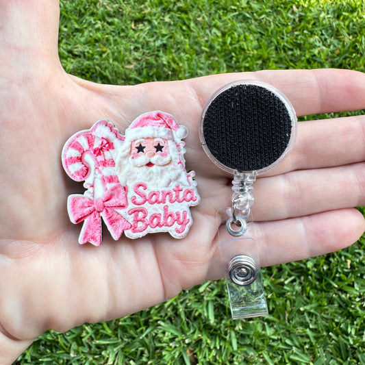 Santa Baby Pink Faux Fur Interchangeable Badge Button with Reel Option