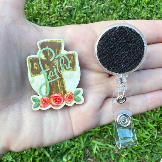 Floral Faith Cross Interchangeable Badge Button with Reel Option