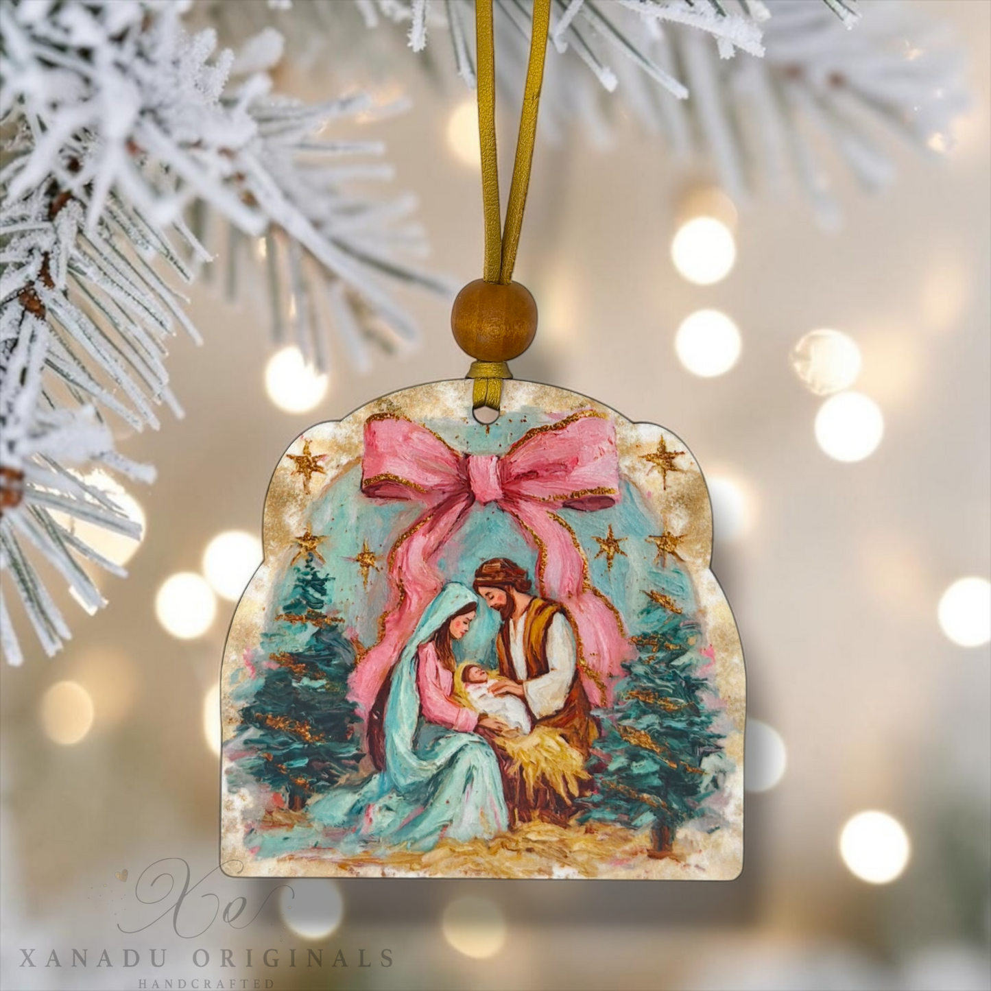 Impasto Nativity & Christmas Tree Ornament | Textured Coquette Bow Holy Family Keepsake