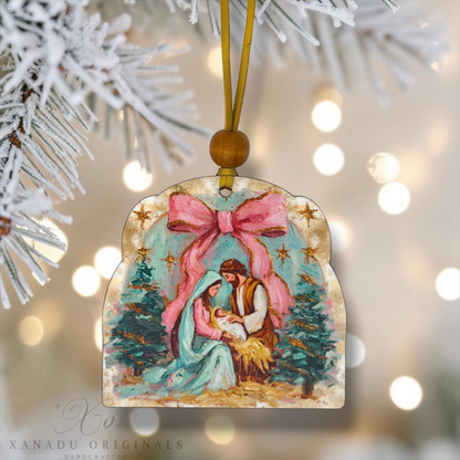 Impasto Nativity & Christmas Tree Ornament | Textured Coquette Bow Holy Family Keepsake