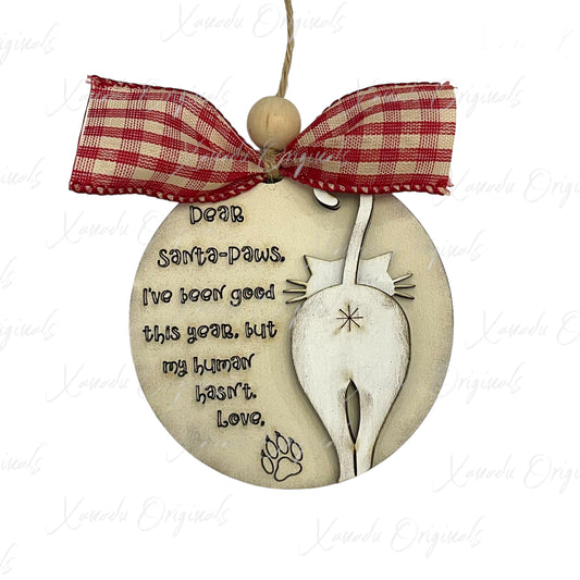 Santa Paws White Cat Wood Ornament