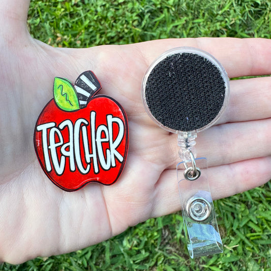 Teacher Apple Interchangeable Badge Button with Reel Option