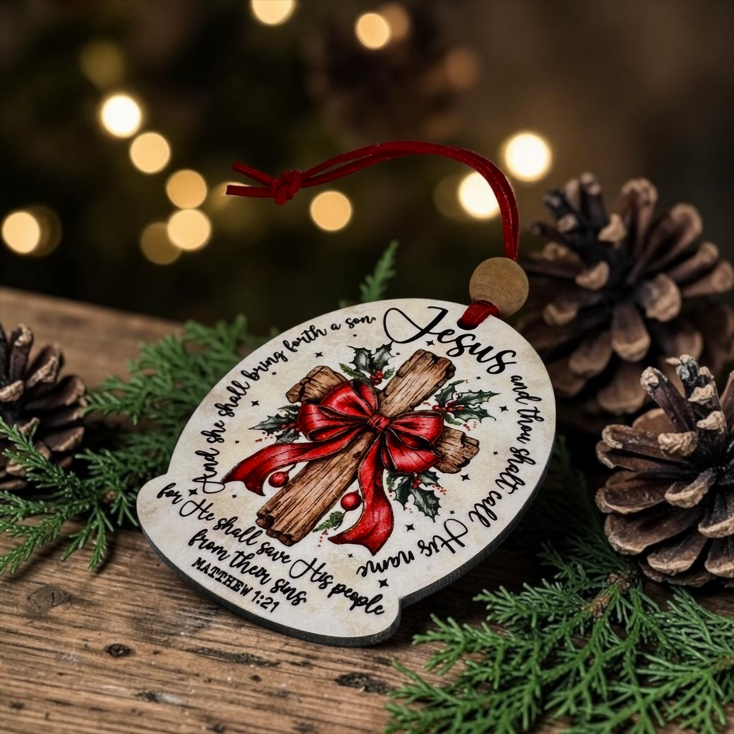 Matthew 1:21 Scripture Wooden Cross Christmas Ornament | Christian Holiday Keepsake