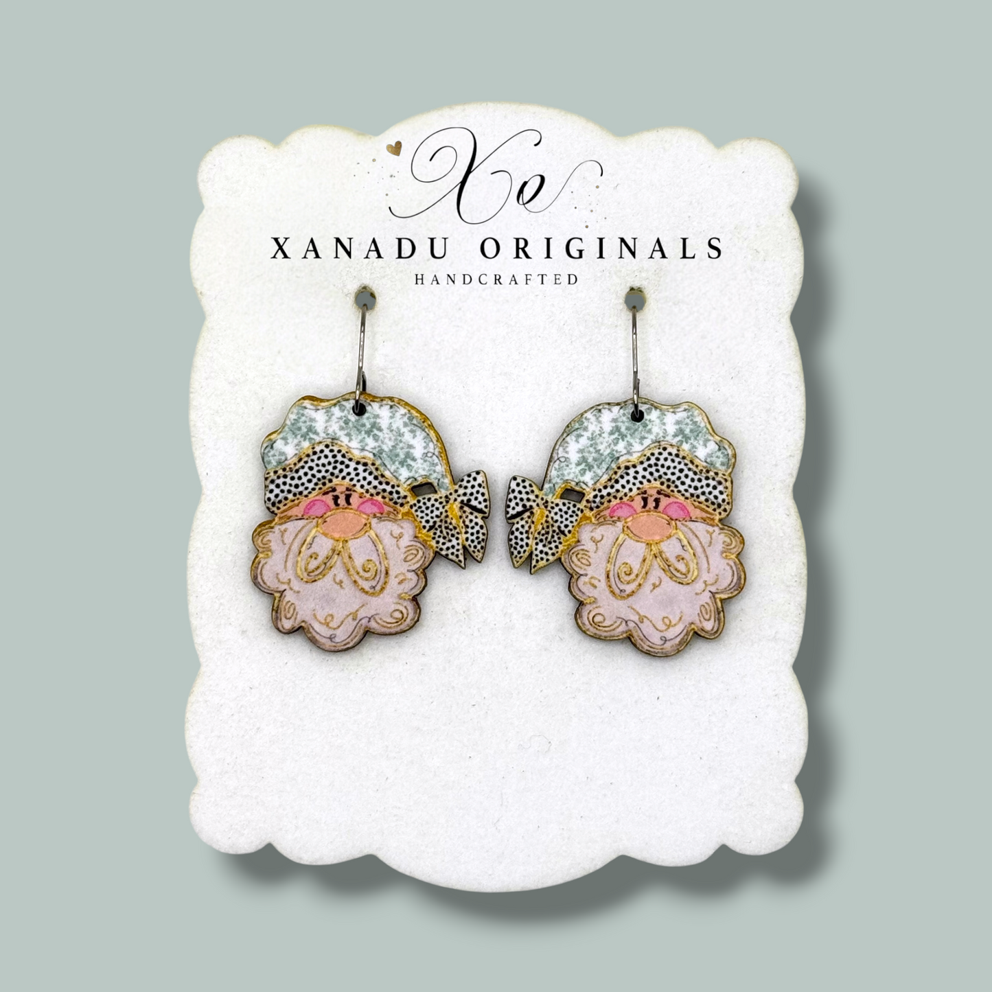 Shabby Chic Santa Christmas Earrings with Sage Green Floral Hat and Gold Glitter Beard