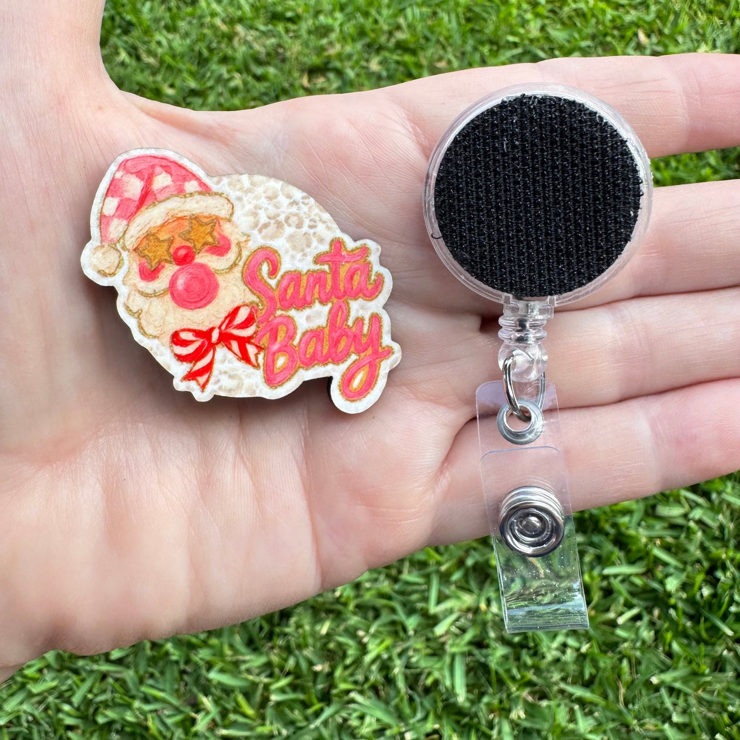 Bubblegum Santa Baby Interchangeable Badge Button with Reel Option