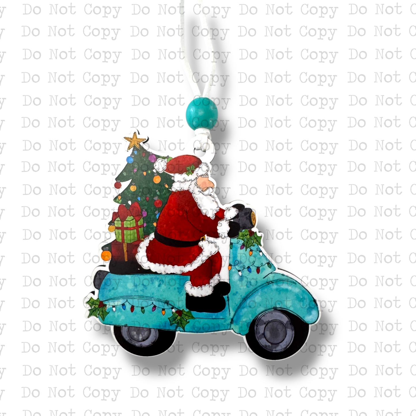 Teal Moped Santa Ornament