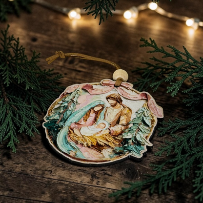 Palette Knife Holy Family Nativity Ornament - Artistic Impasto Pink Bow Tree Decoration