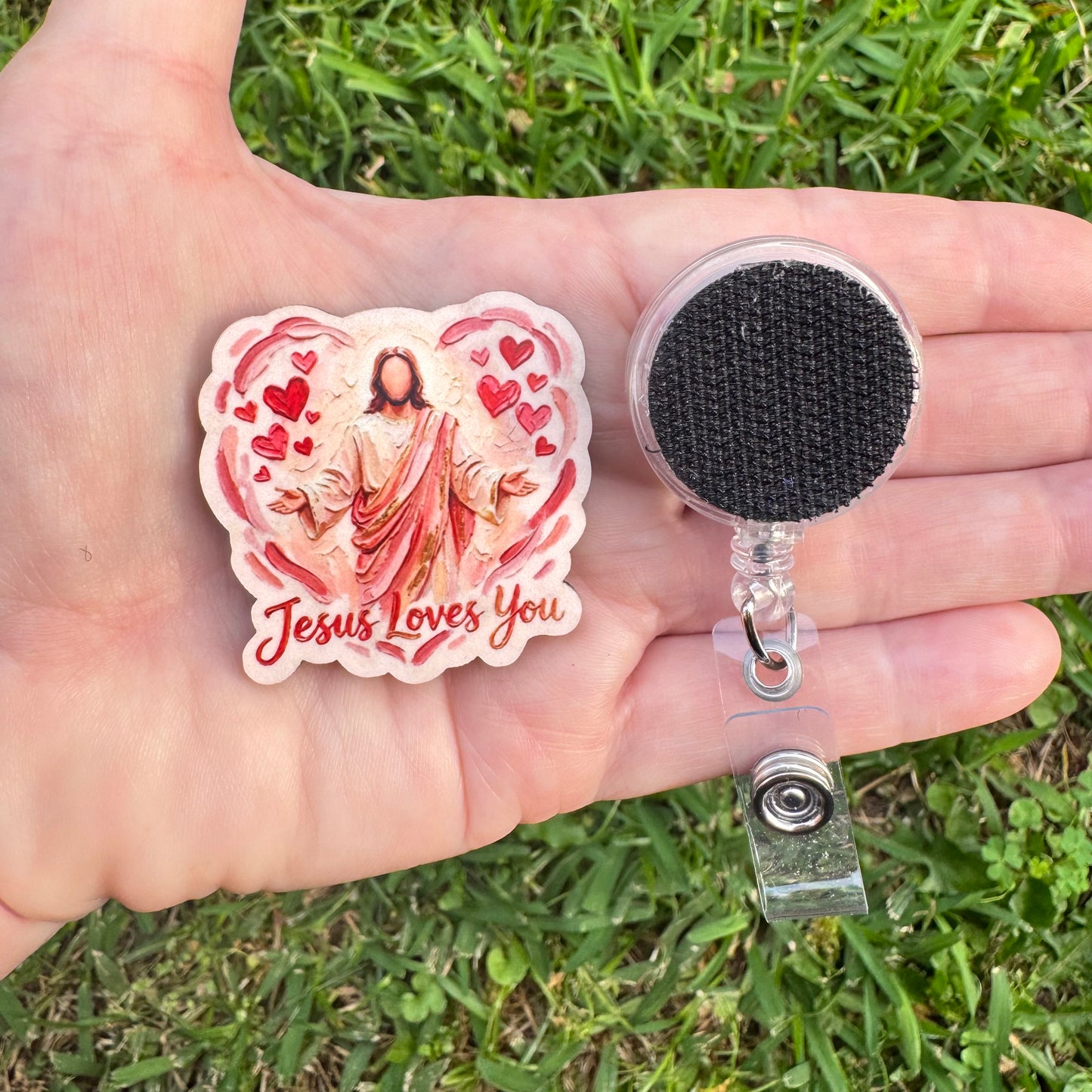 Jesus Loves You Brushstroke Interchangeable Badge Button with Reel Option