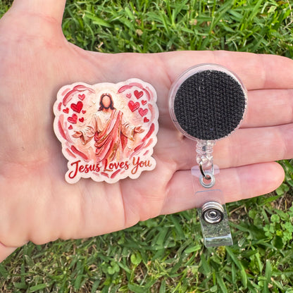 Jesus Loves You Brushstroke Interchangeable Badge Button with Reel Option