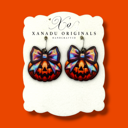 Holo Bow Pumpkin Earrings