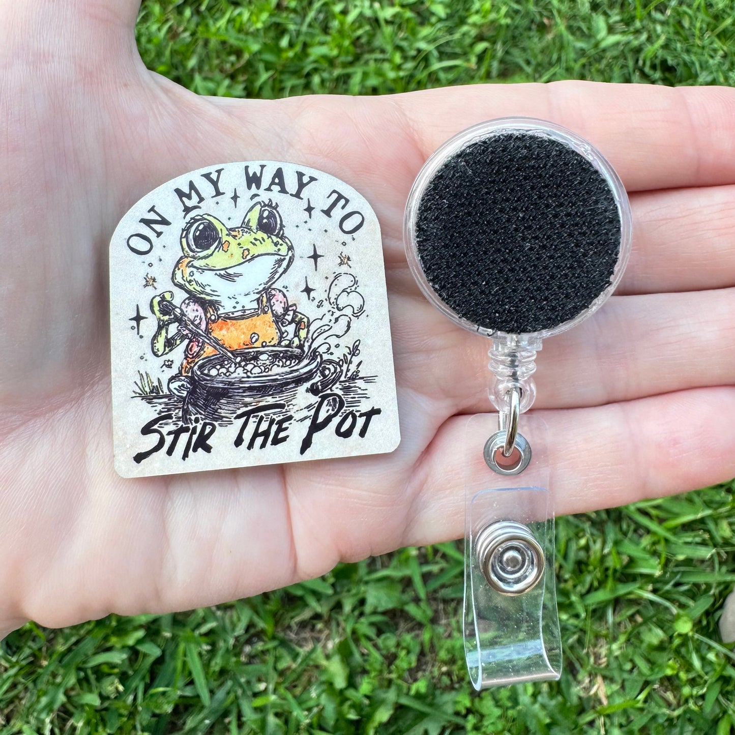On My Way To Stir The Pot Interchangeable Badge Button with Reel Option