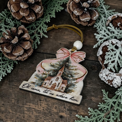 Oh Come Let Us Adore Him Church Ornament - Watercolor Winter Tree Holiday Decoration
