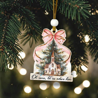 Oh Come Let Us Adore Him Church Ornament - Watercolor Winter Tree Holiday Decoration