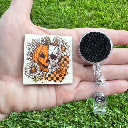 Pumpkin Skull Interchangeable Badge Button with Reel Option