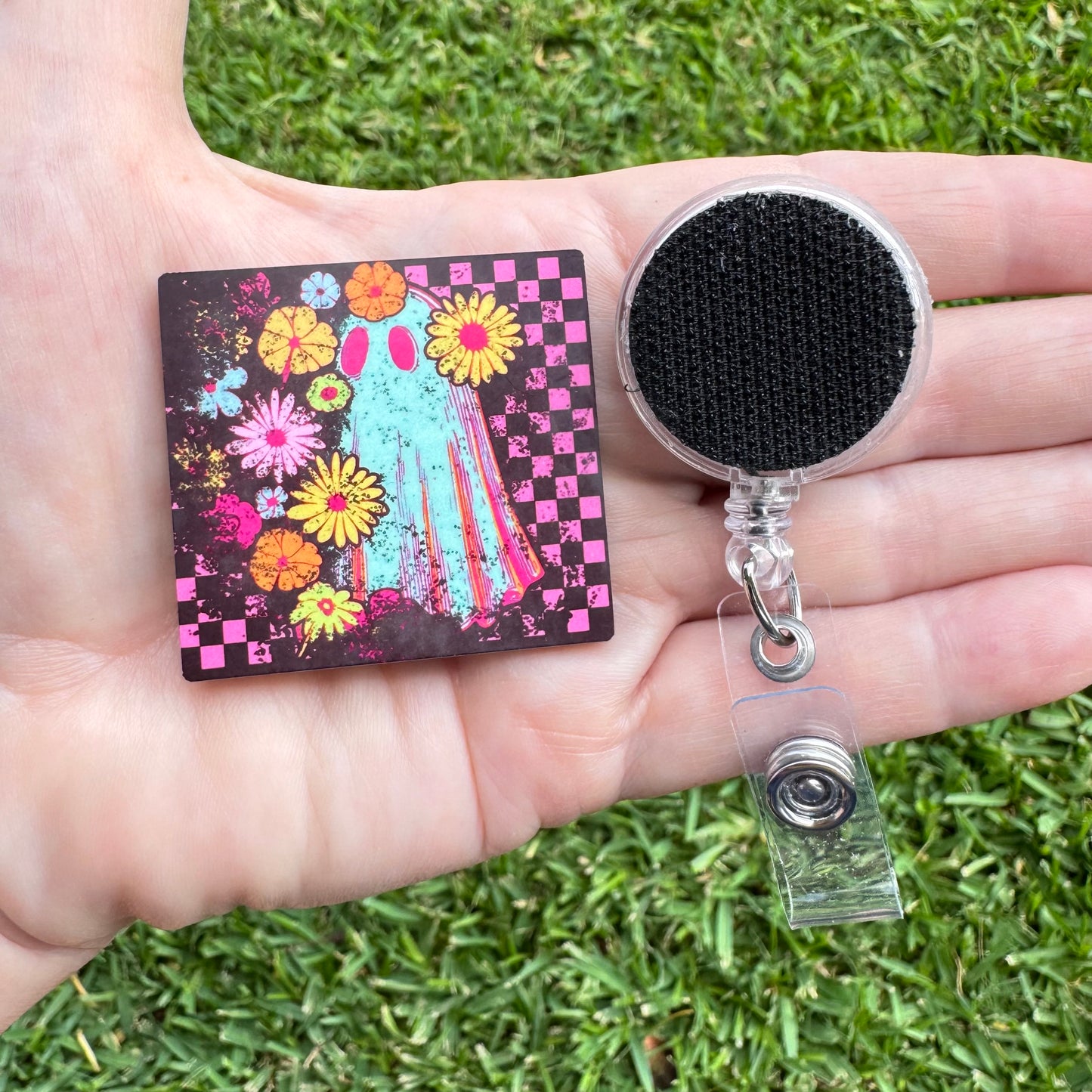Neon Flower Ghost Interchangeable Badge Button with Reel Option