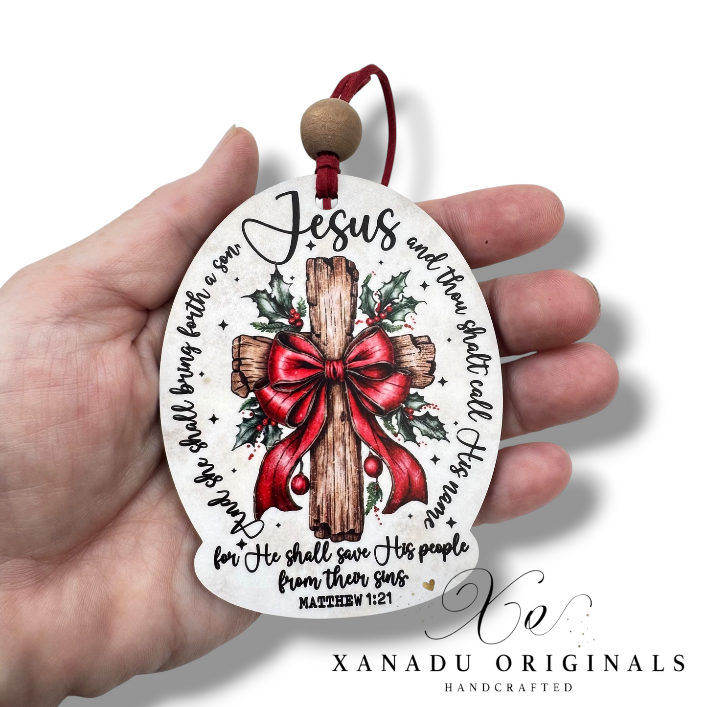 Matthew 1:21 Scripture Wooden Cross Christmas Ornament | Christian Holiday Keepsake