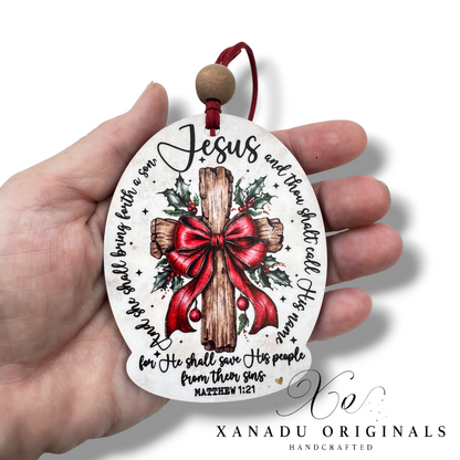 Matthew 1:21 Scripture Wooden Cross Christmas Ornament | Christian Holiday Keepsake