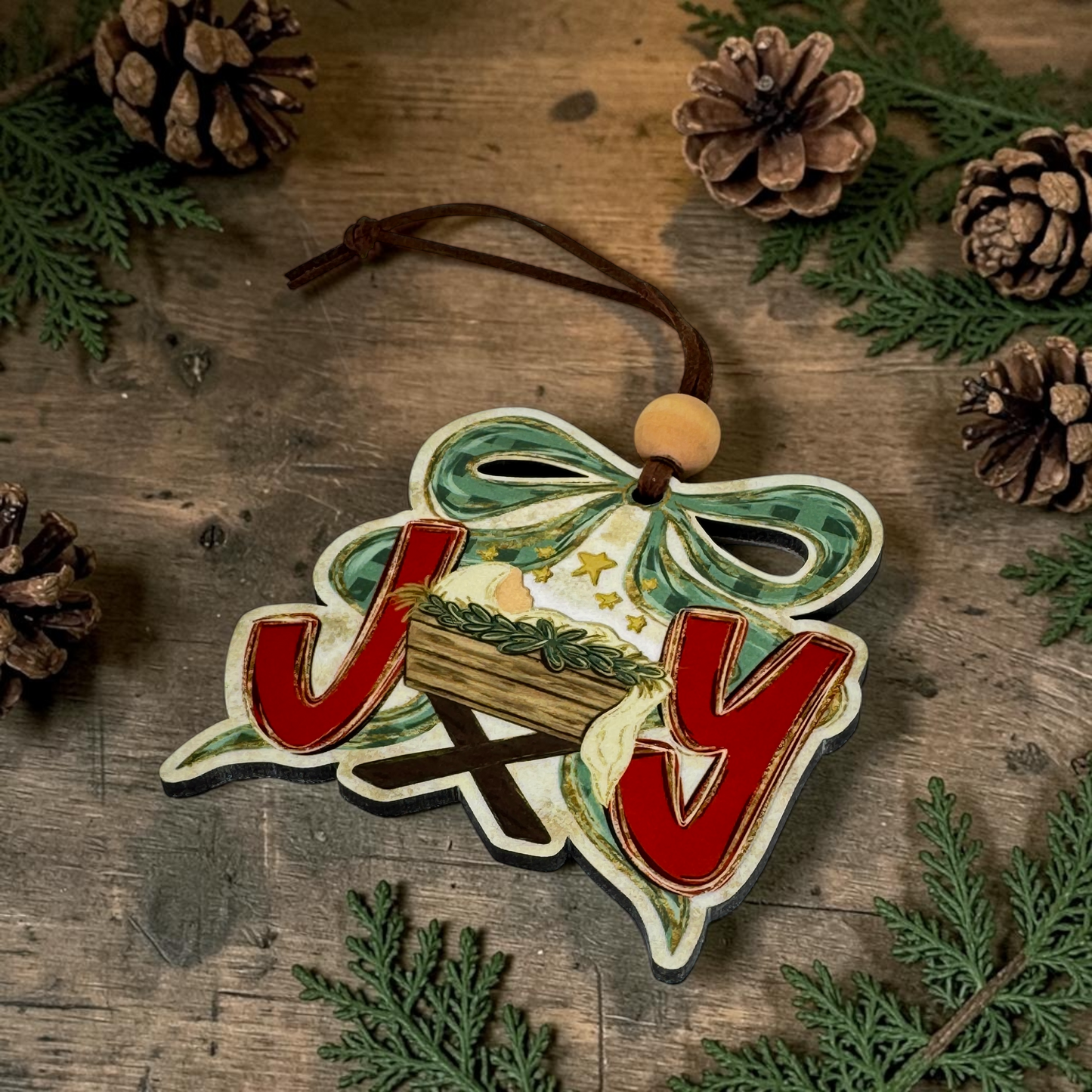 Joy Baby Jesus Manger Ornament, Traditional Holiday Tree Decor, Whimsical Hand-Painted Style Keepsake