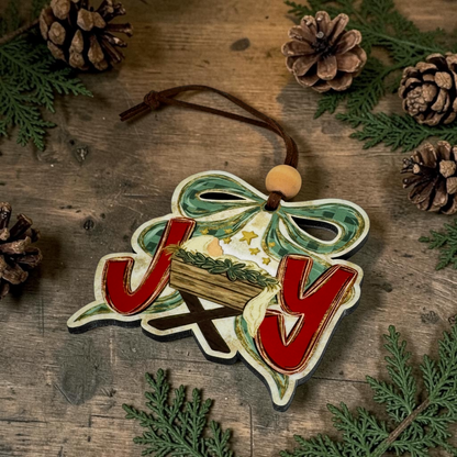 Joy Baby Jesus Manger Ornament, Traditional Holiday Tree Decor, Whimsical Hand-Painted Style Keepsake