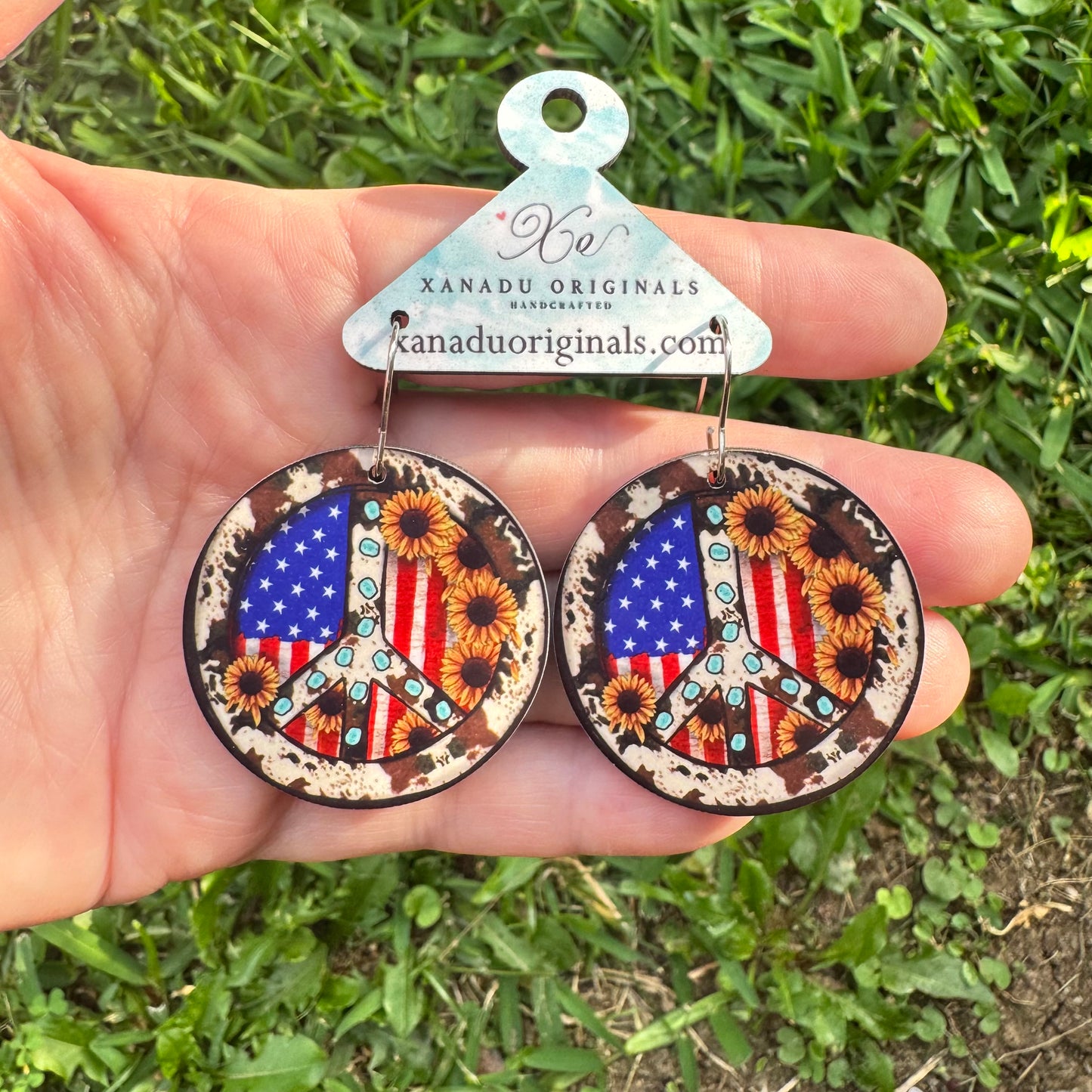 Peace Sign Cowhide Sunflower Earrings