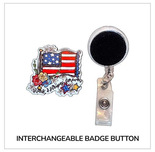 Stars & Stripes Flag Interchangeable Badge Button with Reel Option