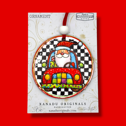 Santa Driving Red Vintage Car Christmas Ornament with Checkerboard Background