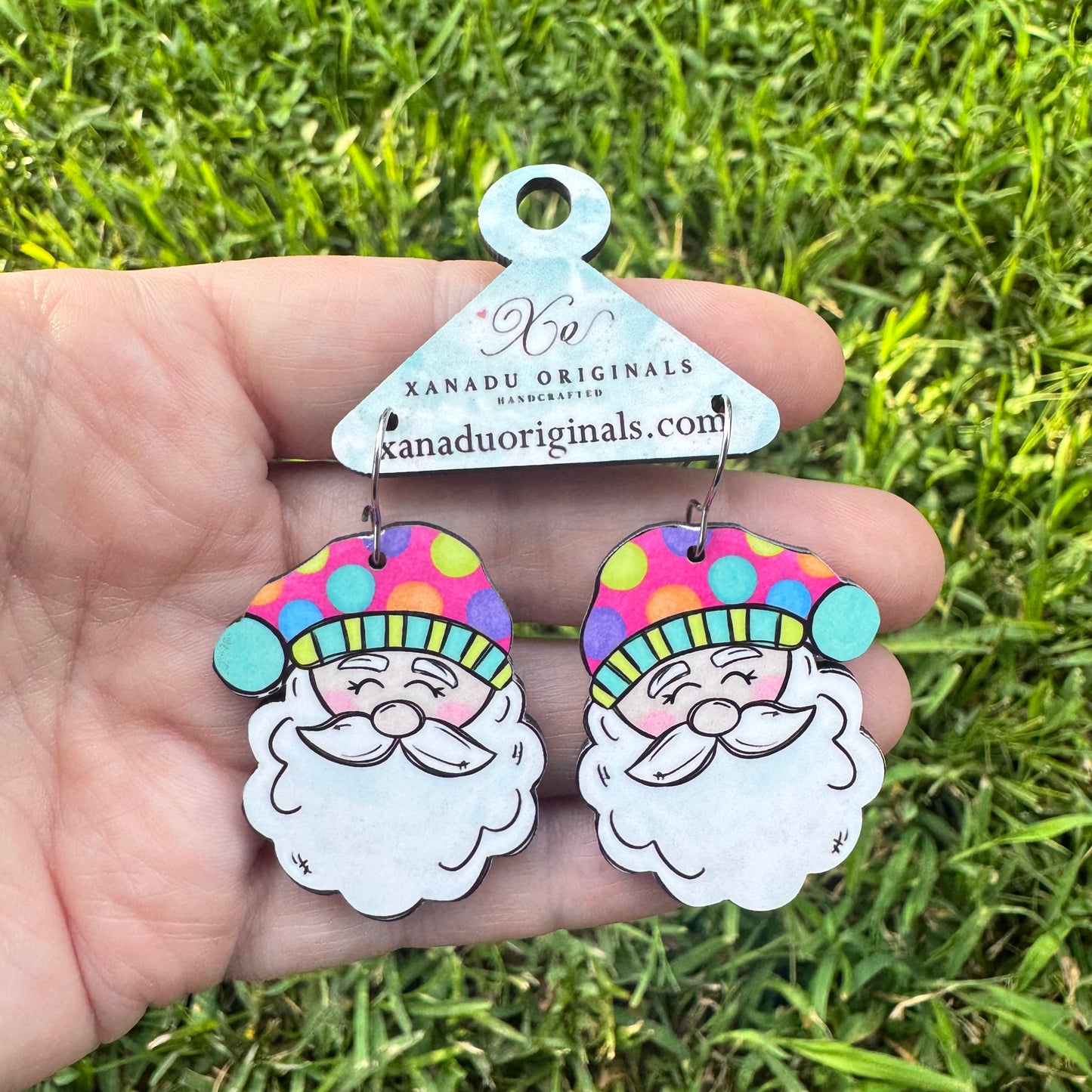 PInk Polka-dot Hat Santa Earrings