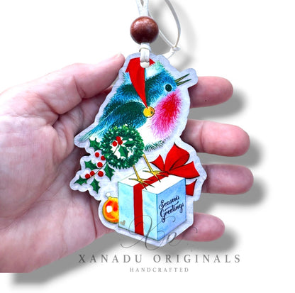 Retro Christmas Bluebird Ornament - Vintage Birdhouse Holiday Tree Decoration
