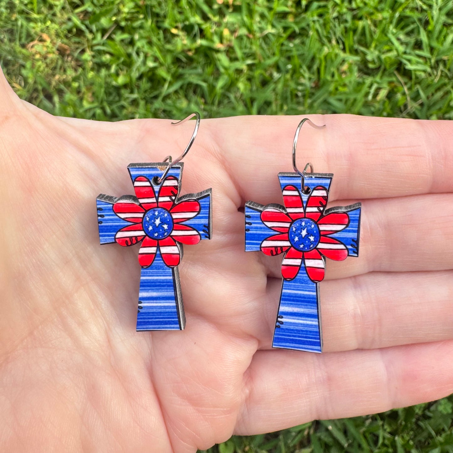 Patriotic Flower Cross Earrings