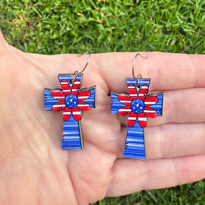 Patriotic Flower Cross Earrings