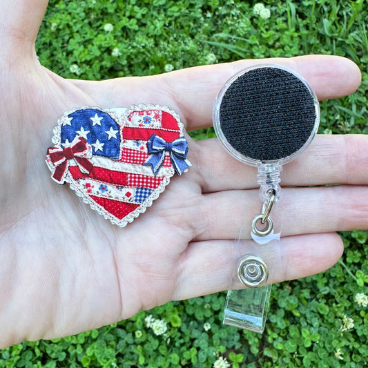 Patriotic Denim Heart Interchangeable Badge Button with Reel Option