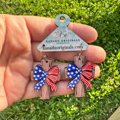 Patriotic Bow Cross Earrings
