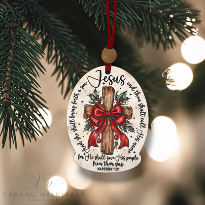 Matthew 1:21 Scripture Wooden Cross Christmas Ornament | Christian Holiday Keepsake