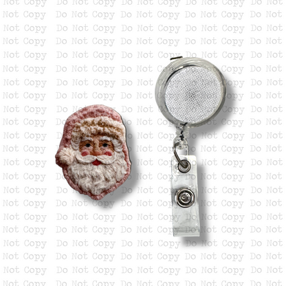 Pink Santa Faux Threaded Interchangeable Badge Button with Reel Option