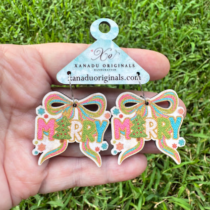 Faux Embroidered Merry Christmas Ribbon Bow Pastel Tree Typography Earrings