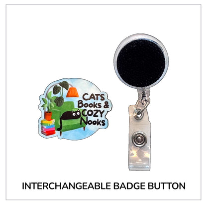 Cats Books & Cozy Nooks Interchangeable Badge Button with Reel Option