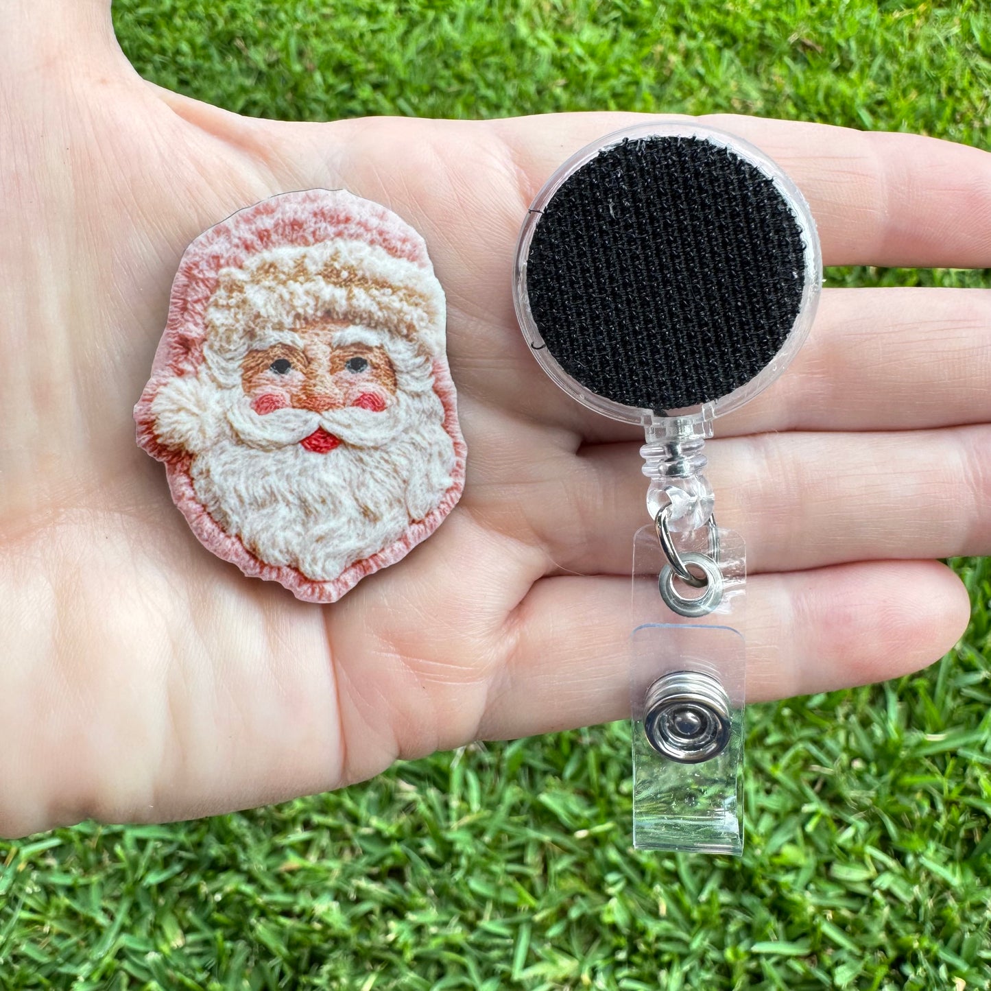 Pink Santa Faux Threaded Interchangeable Badge Button with Reel Option