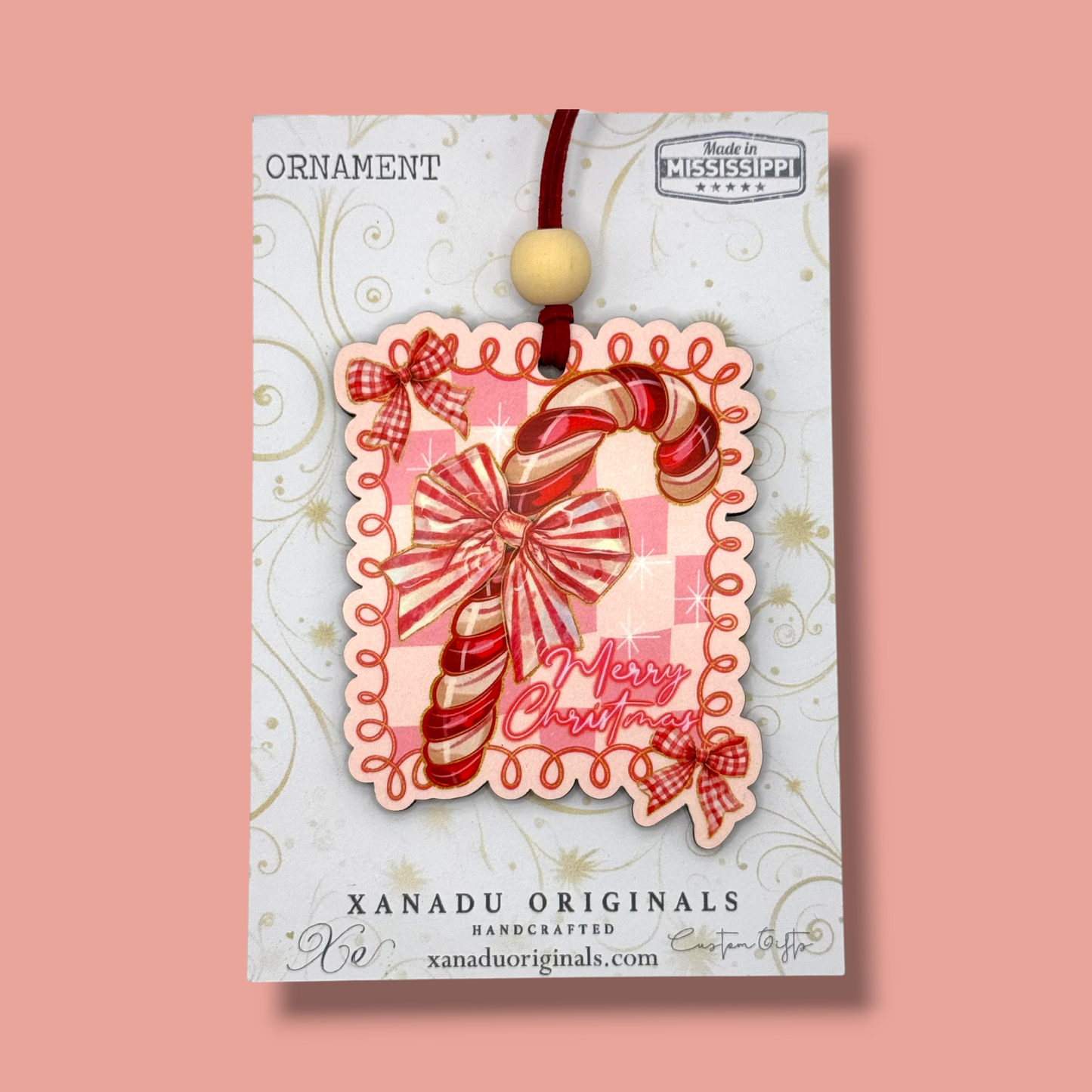 Merry Christmas Candy Cane Ornament, Traditional Holiday Tree Decor, Retro Pink Gingham Keepsake