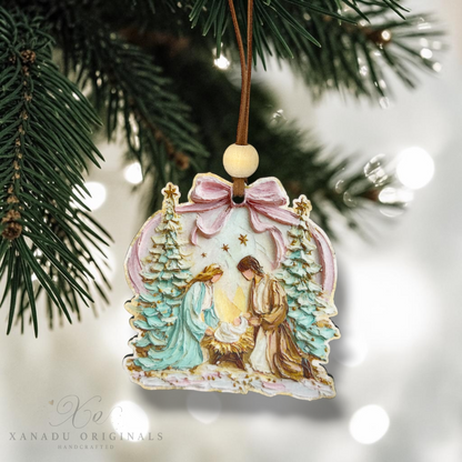 Pastel Impasto Holy Family Nativity Ornament - Whimsical Pink Bow Tree Decoration