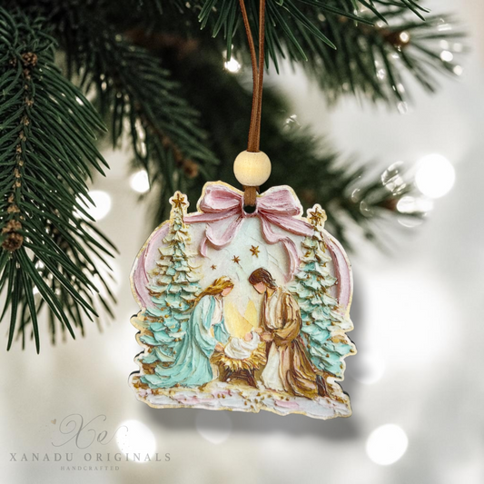 Pastel Impasto Holy Family Nativity Ornament - Whimsical Pink Bow Tree Decoration