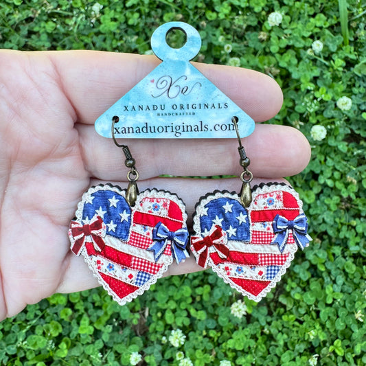 Patriotic Denim Heart Dangle Earrings