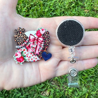 Rosie Leopard Hen Interchangeable Badge Button with Reel Option