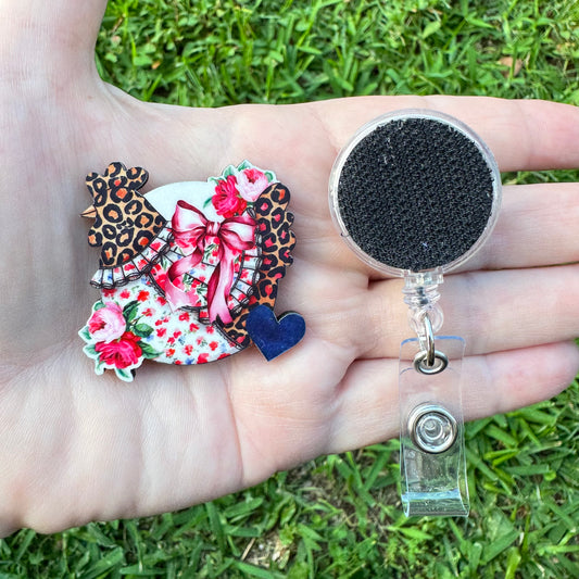 Rosie Leopard Hen Interchangeable Badge Button with Reel Option