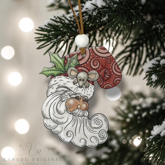 Santa & Christmas Mouse Whimsical Portrait Ornament, Traditional Holiday Tree Decor, Classic St. Nick Character Keepsake