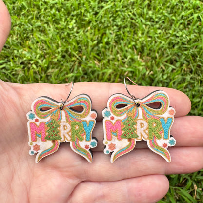 Faux Embroidered Merry Christmas Ribbon Bow Pastel Tree Typography Earrings