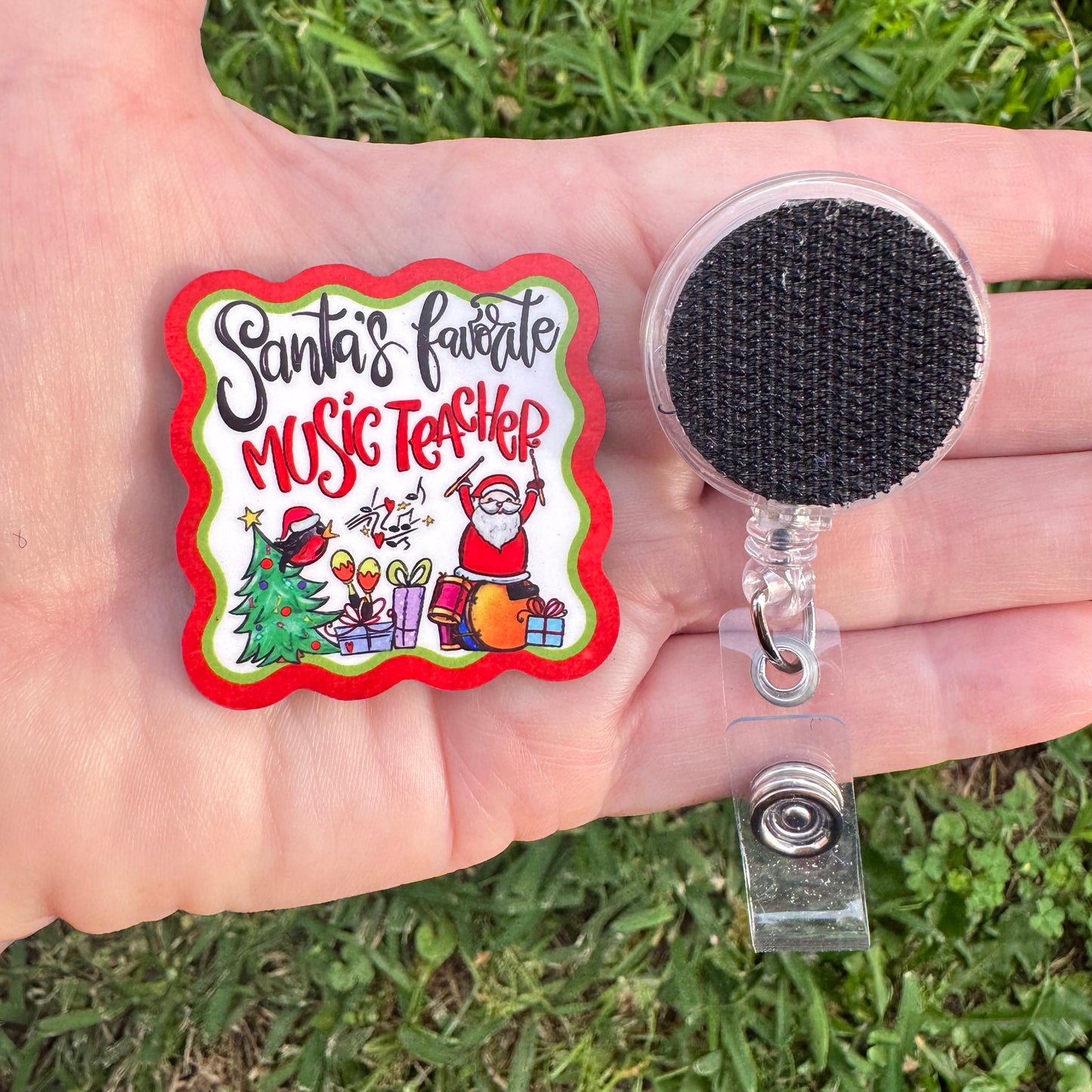 Santa's Music Teacher Interchangeable Badge Button with Reel Option