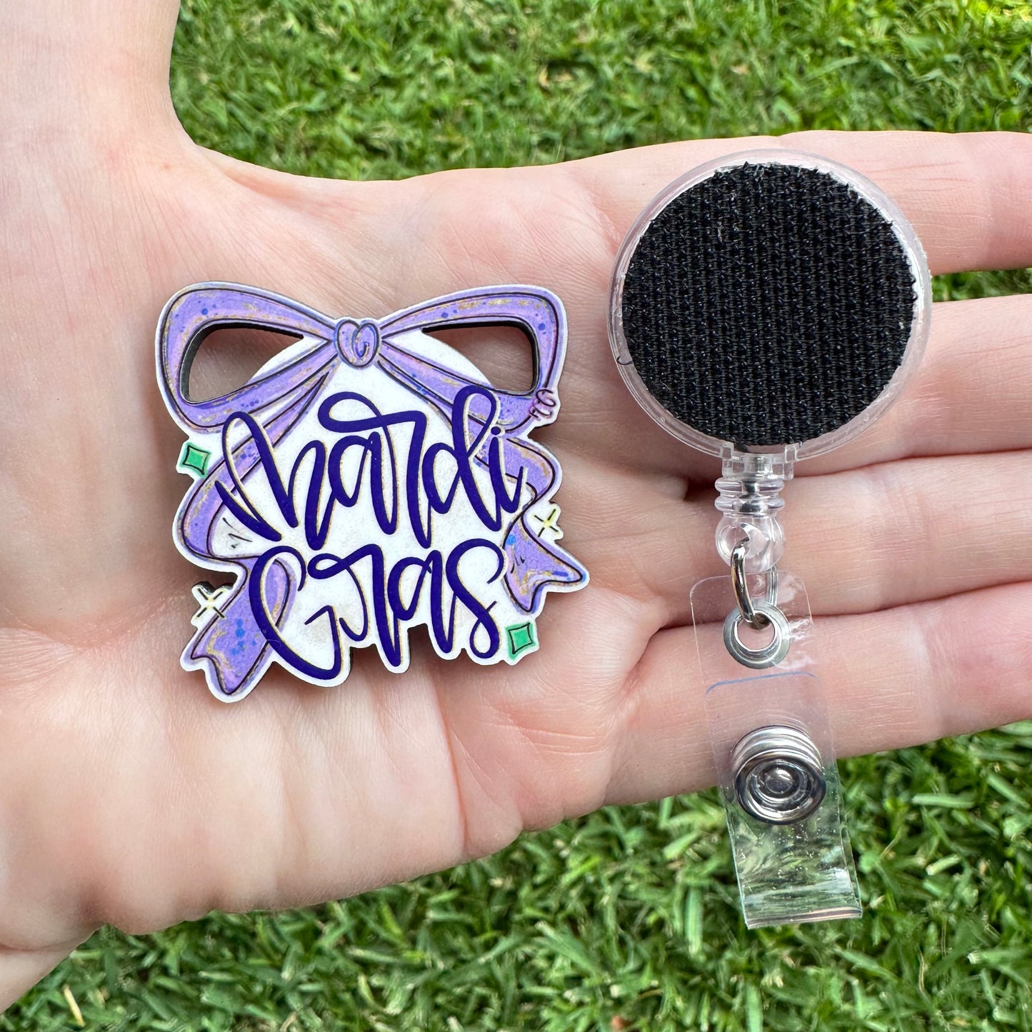 Mardi Gras Bow Interchangeable Badge Button with Reel Option