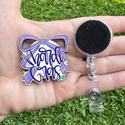 Mardi Gras Bow Interchangeable Badge Button with Reel Option