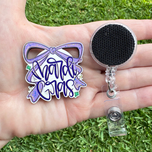 Mardi Gras Bow Interchangeable Badge Button with Reel Option