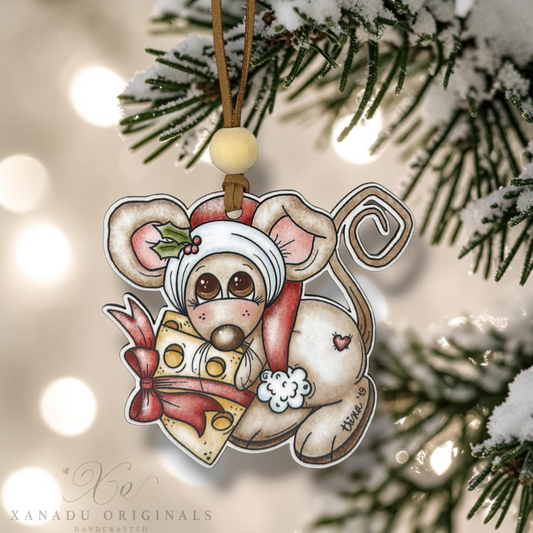 Whimsical Christmas Mouse Cheese Ornament, Traditional Holiday Tree Decor, Cute Animal Keepsake